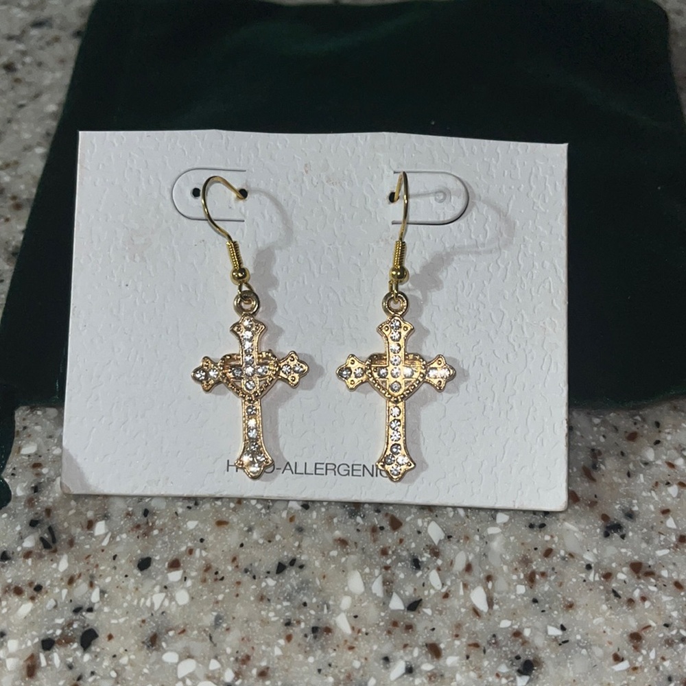 Handcrafted gold cross earrings